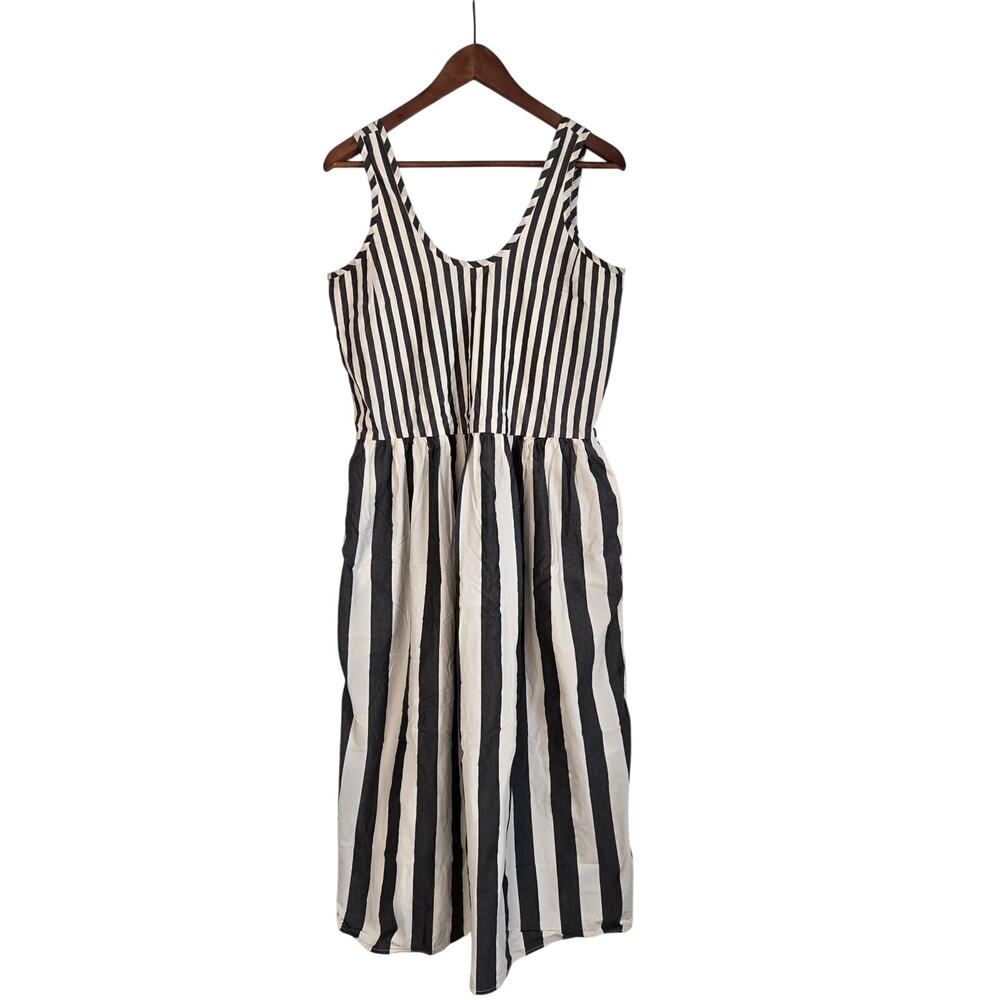Quiet Luxury Everlane Poplin Striped Summer Dress Bone White Black Scoop Neck XS